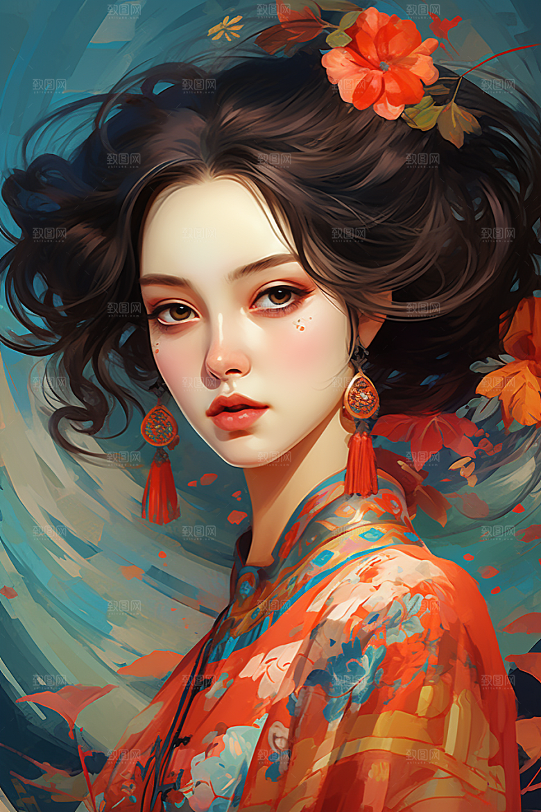 京剧女孩手绘传统风格插画
