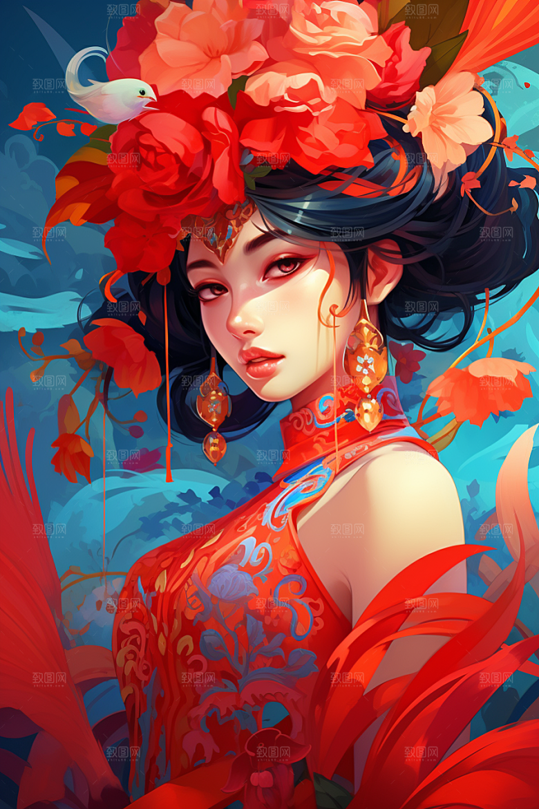 京剧女孩国潮传统风格插画