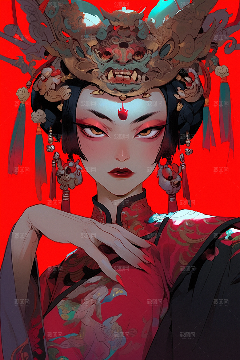 京剧女孩传统风格扮相插画
