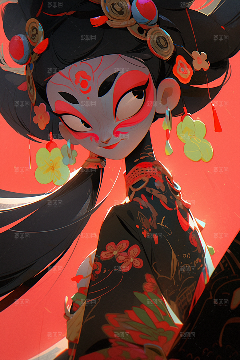 京剧女孩中式手绘插画