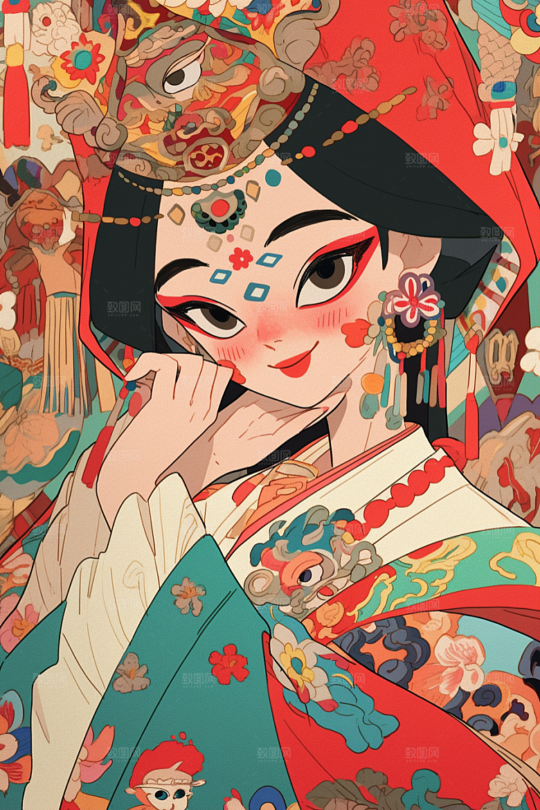 京剧女孩传统风格中式插画