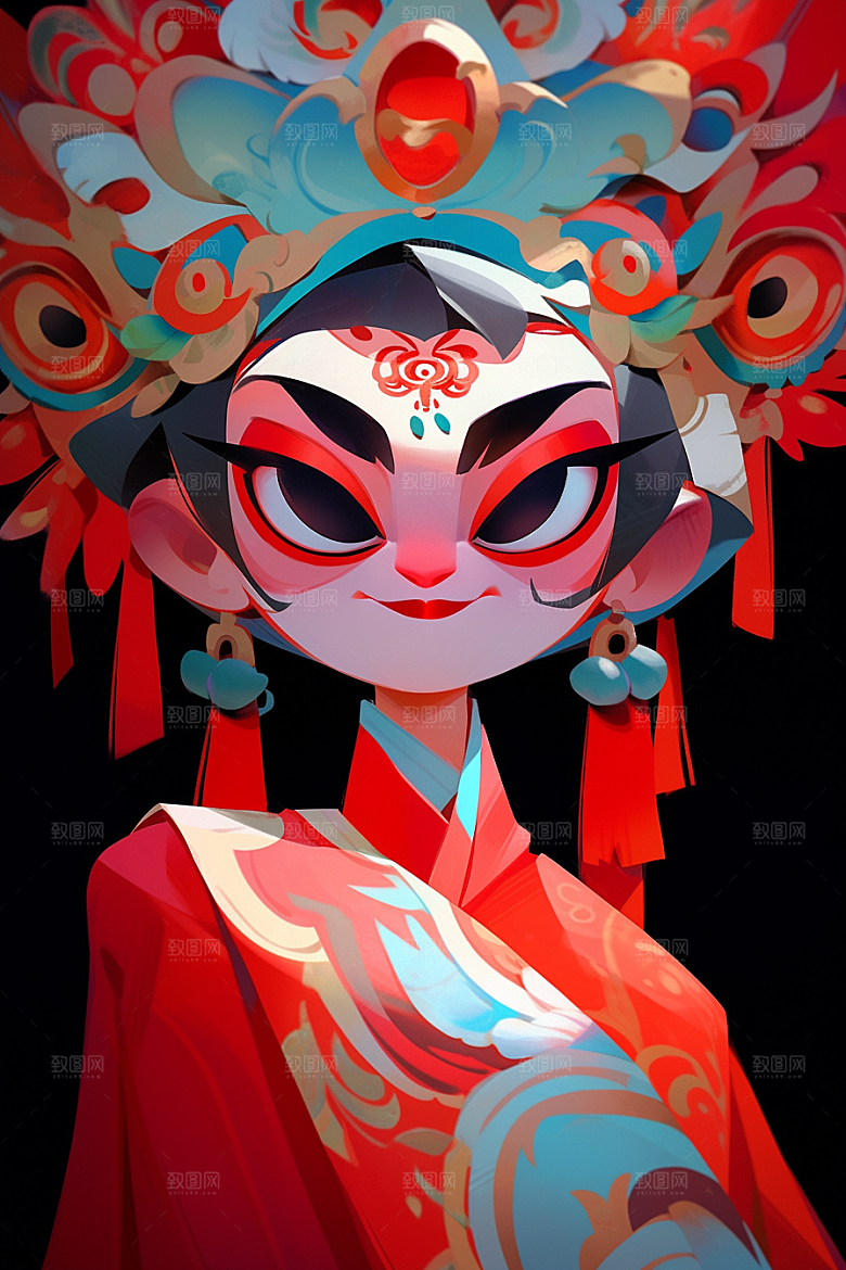 京剧女孩手绘传统风格插画