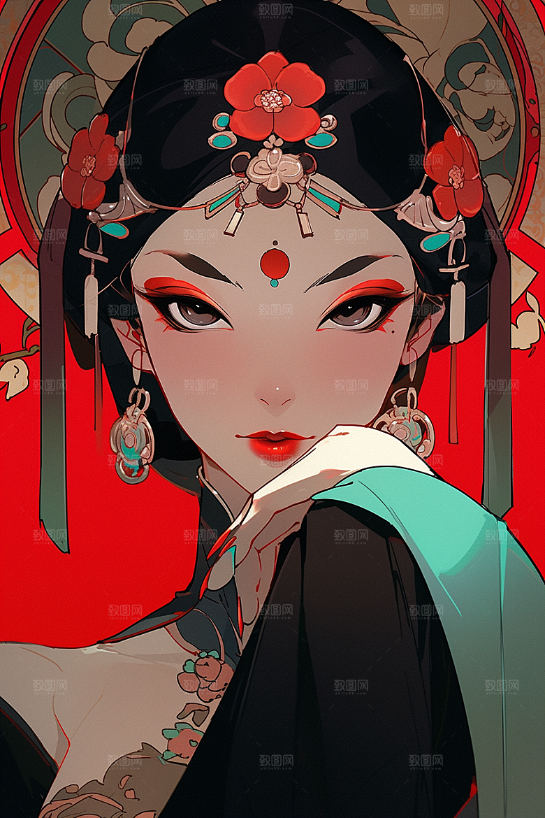 京剧女孩扮相中国风插画
