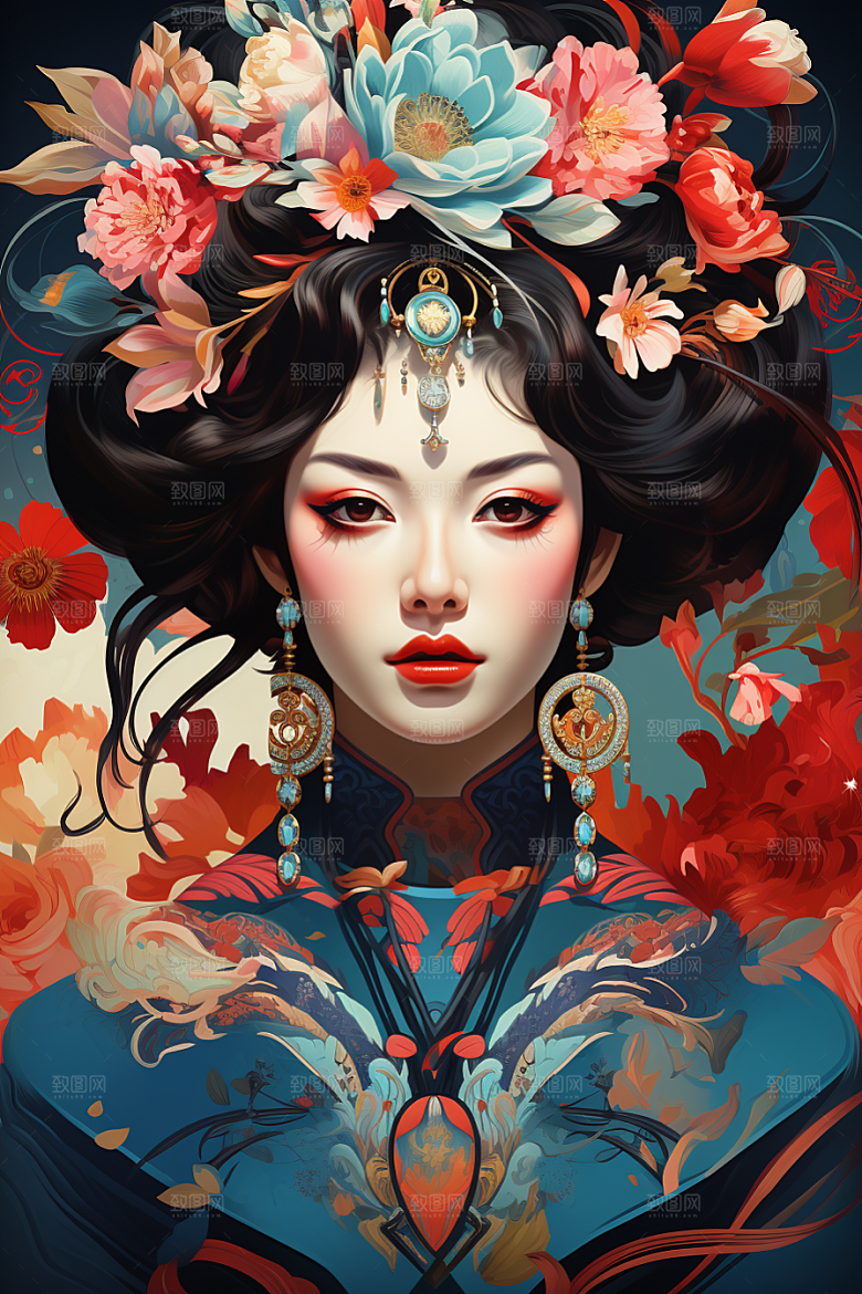京剧女孩国潮中式插画