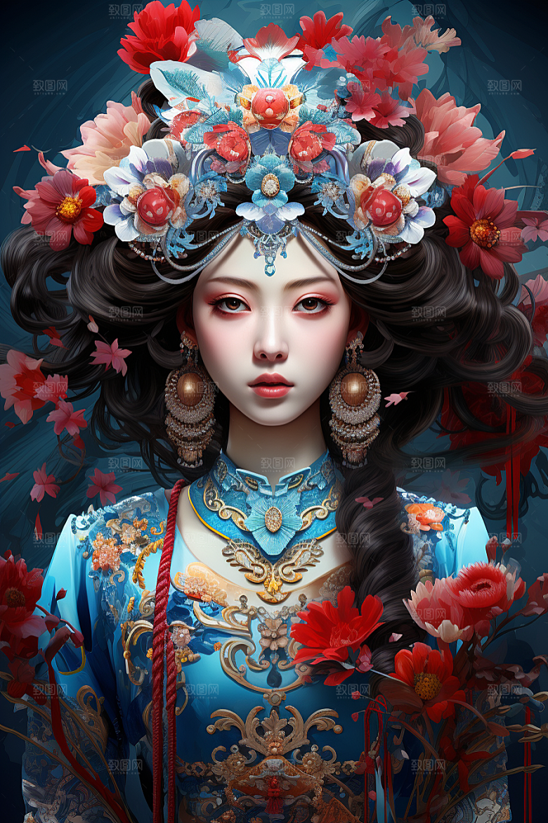 京剧女孩扮相国粹插画