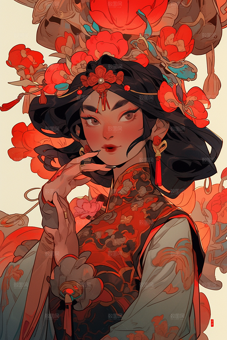 京剧女孩手绘扮相插画