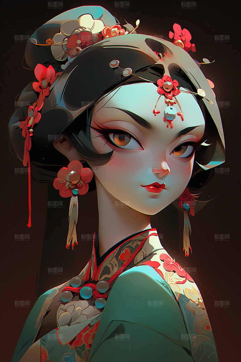 京剧女孩国潮扮相插画