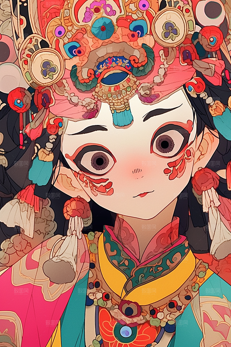京剧女孩扮相戏剧插画