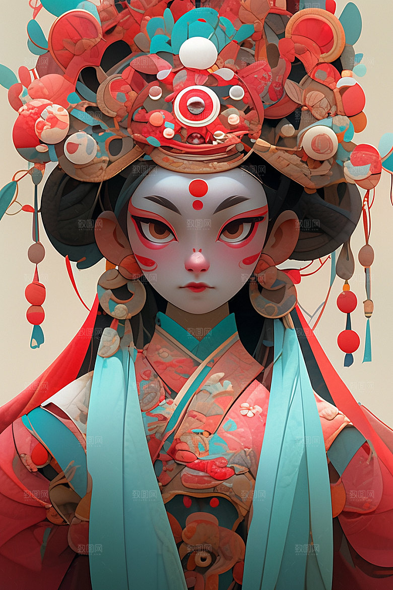京剧女孩扮相手绘插画