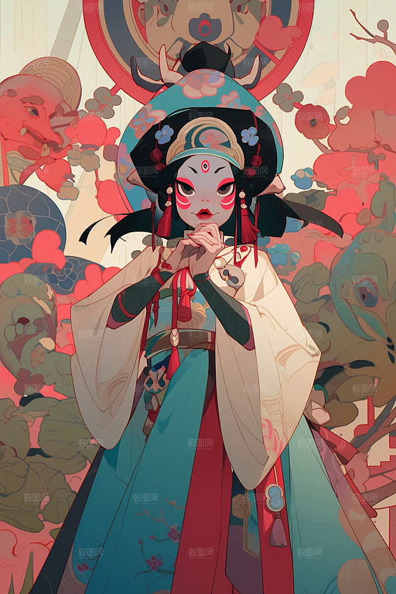 京剧女孩中国风扮相插画