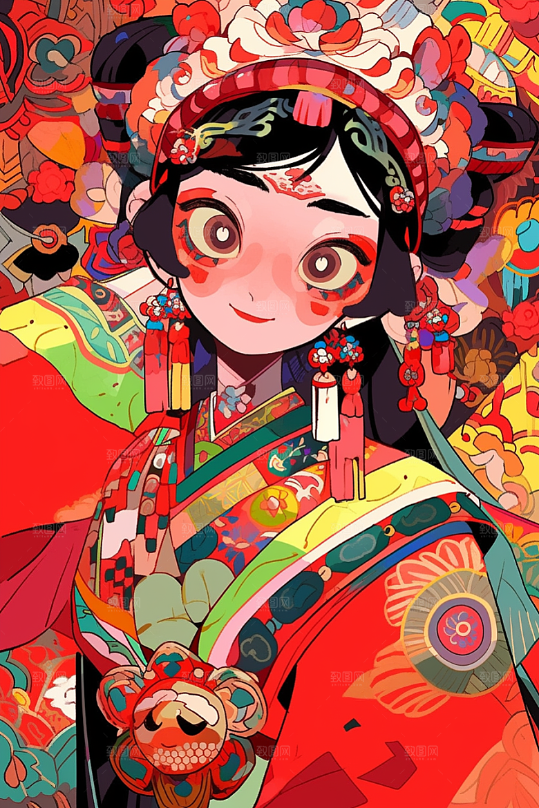 京剧女孩手绘传统风格插画