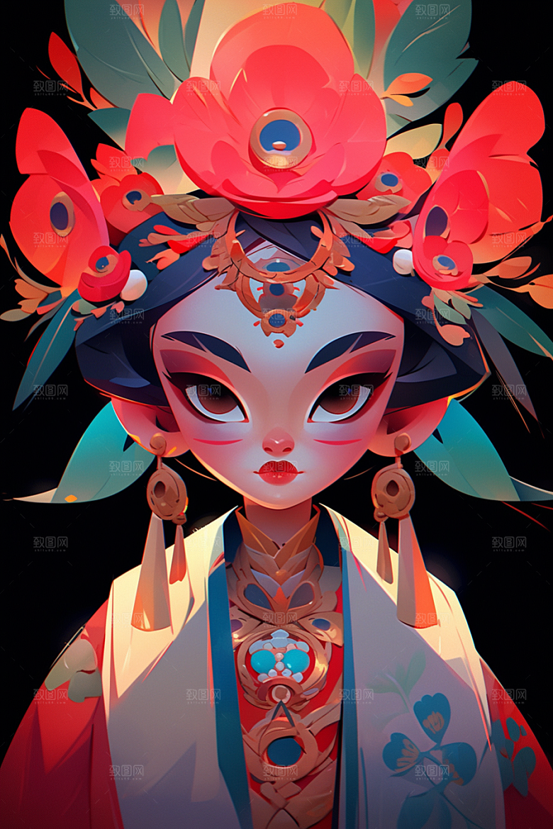 京剧女孩中国风扮相插画