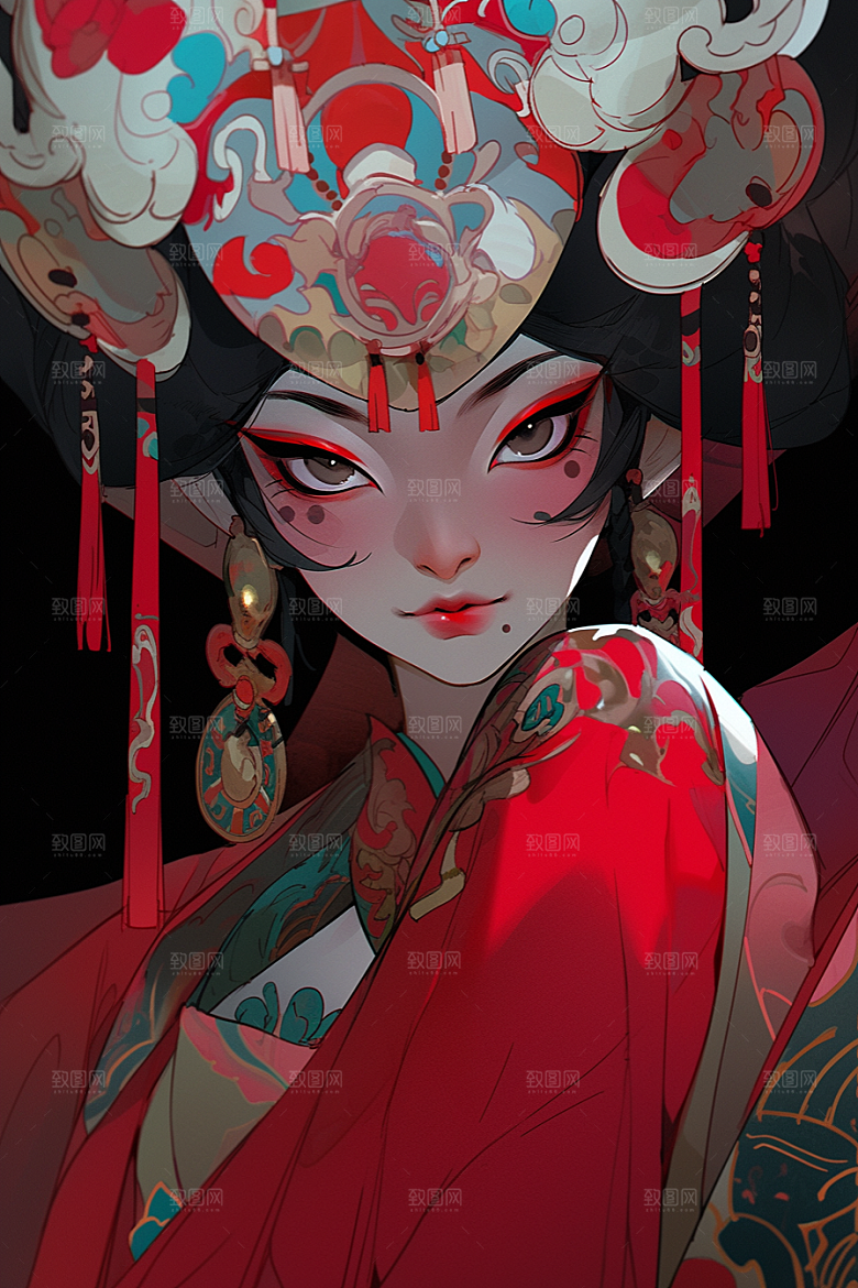 京剧女孩扮相中国风插画