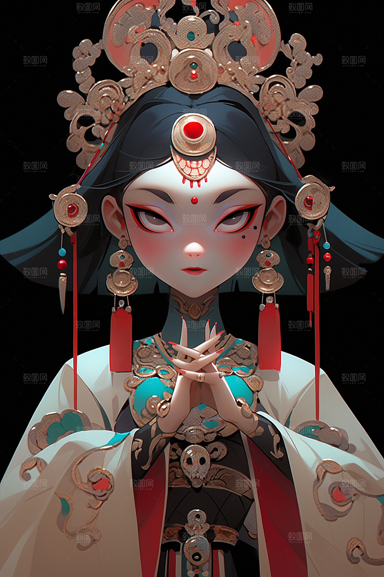 京剧女孩手绘传统风格插画