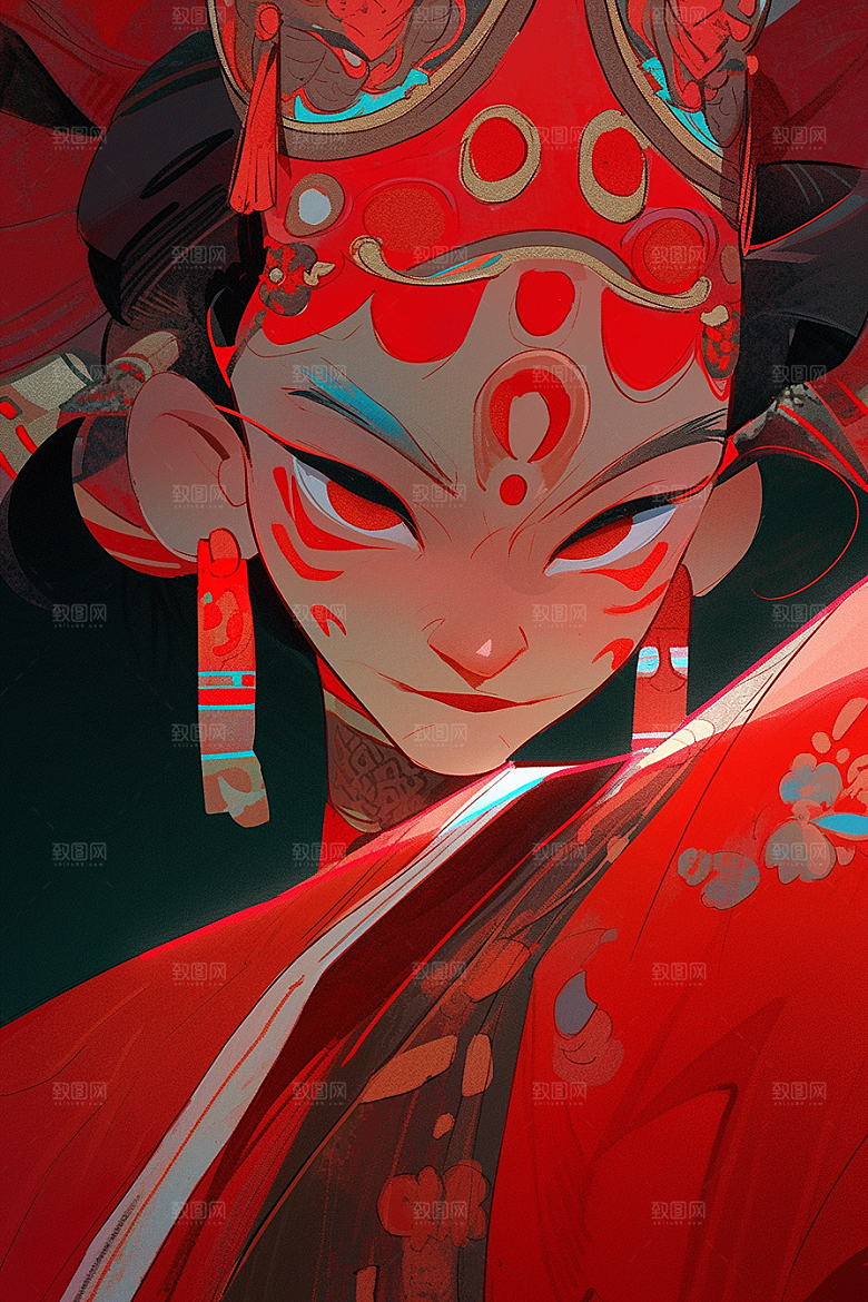 京剧女孩传统风格扮相插画