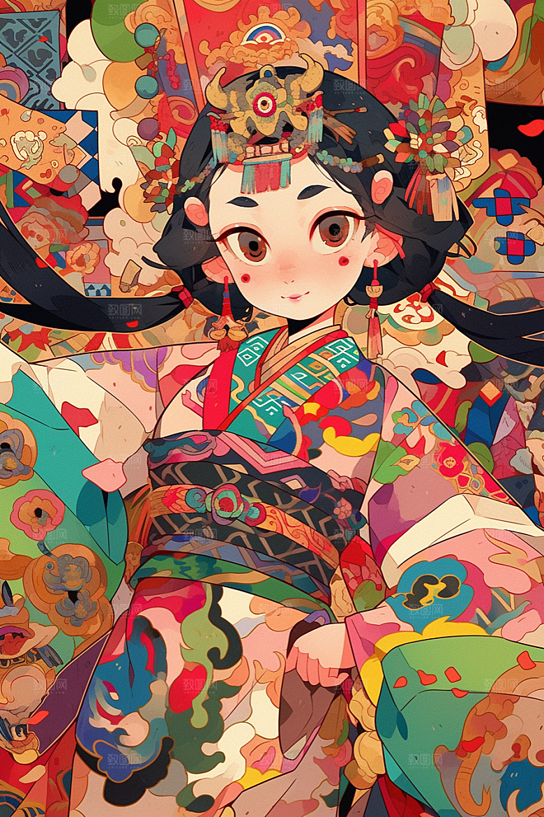 京剧女孩中式手绘插画