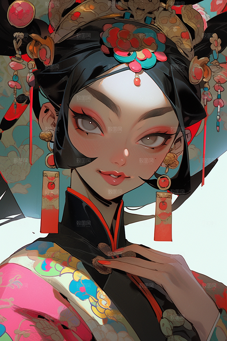 京剧女孩中式手绘插画
