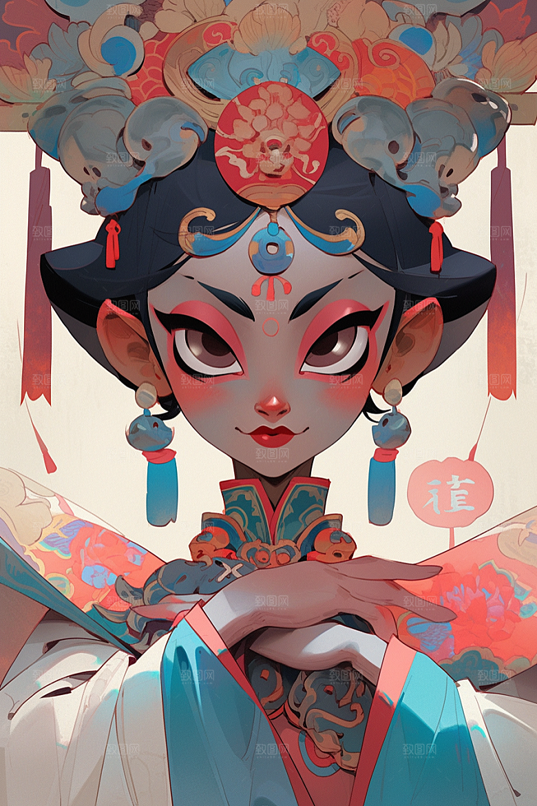 京剧女孩扮相中国风插画