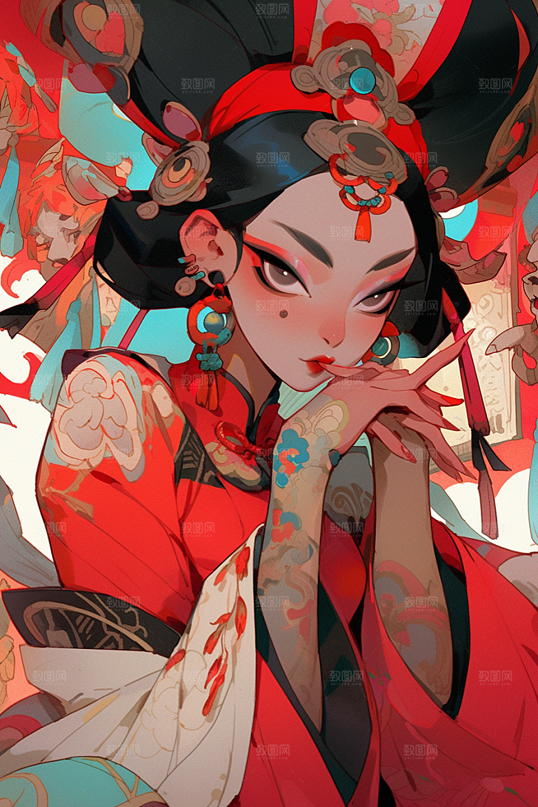 京剧女孩扮相国潮插画