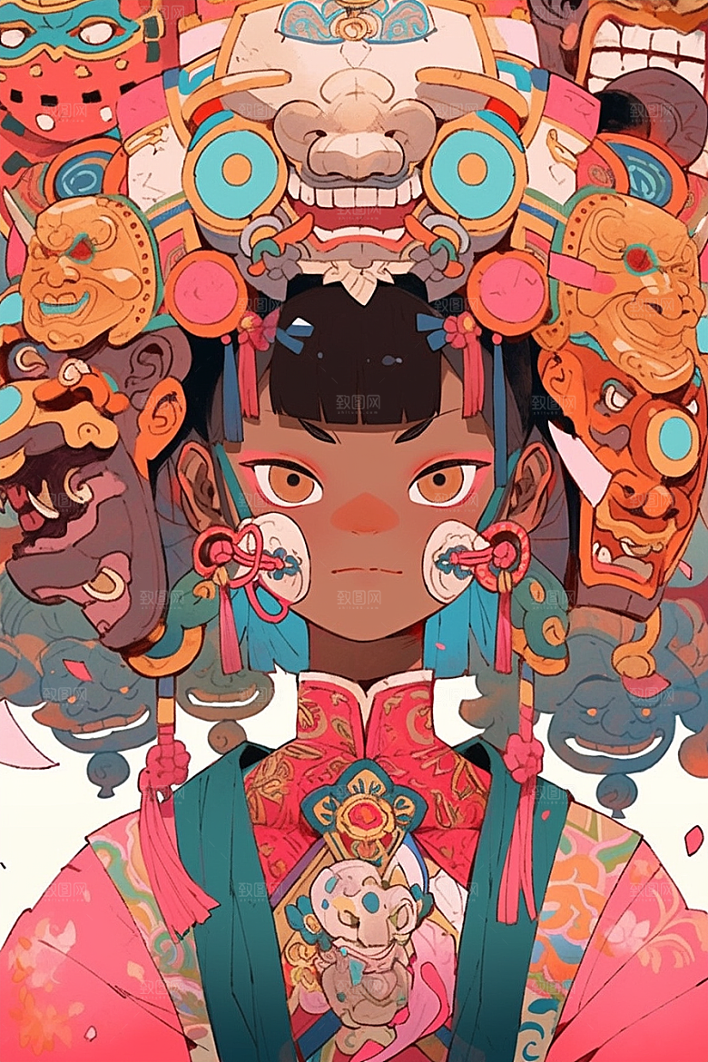 京剧女孩戏剧手绘插画