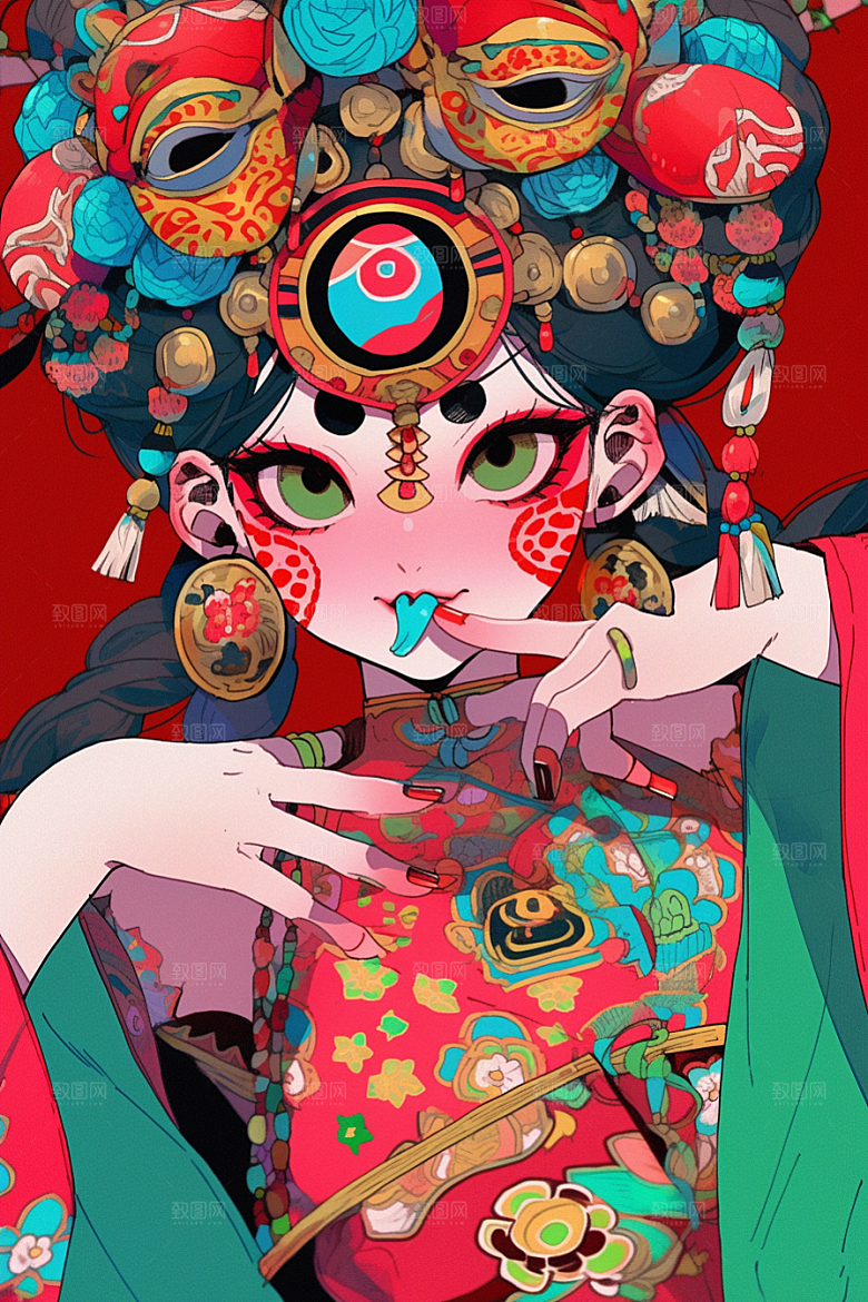 京剧女孩中国风手绘插画