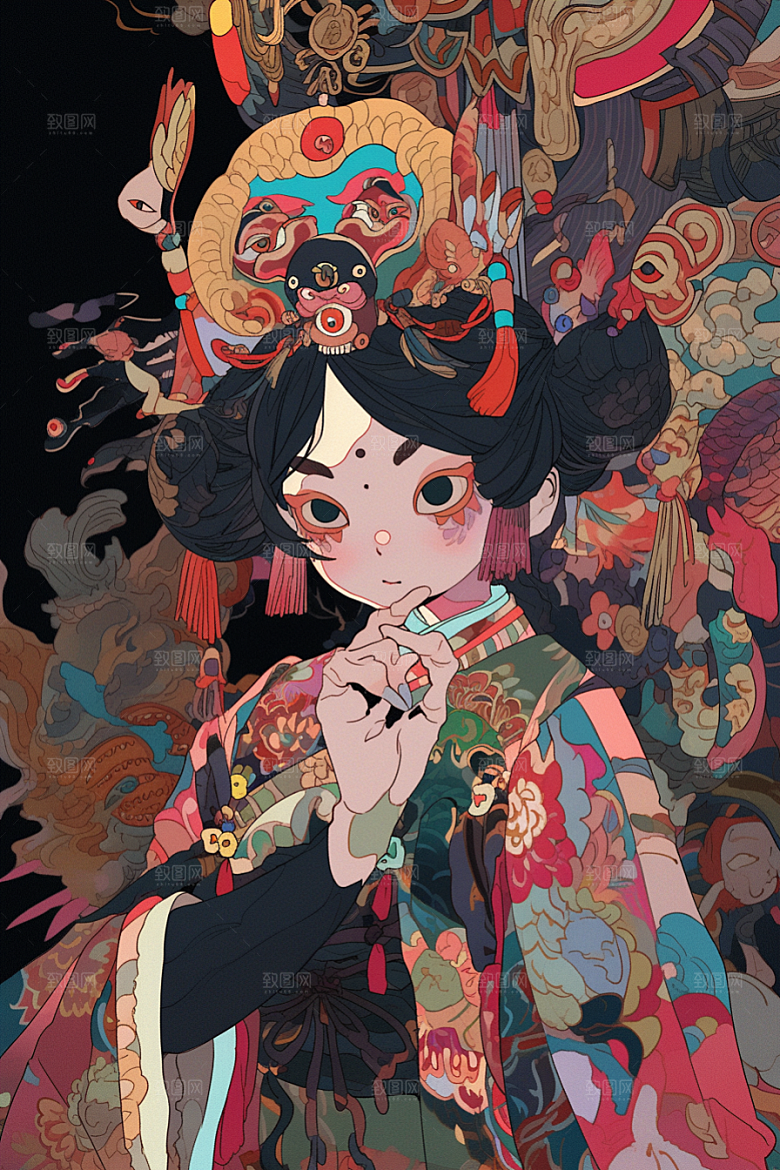京剧女孩戏曲国潮插画