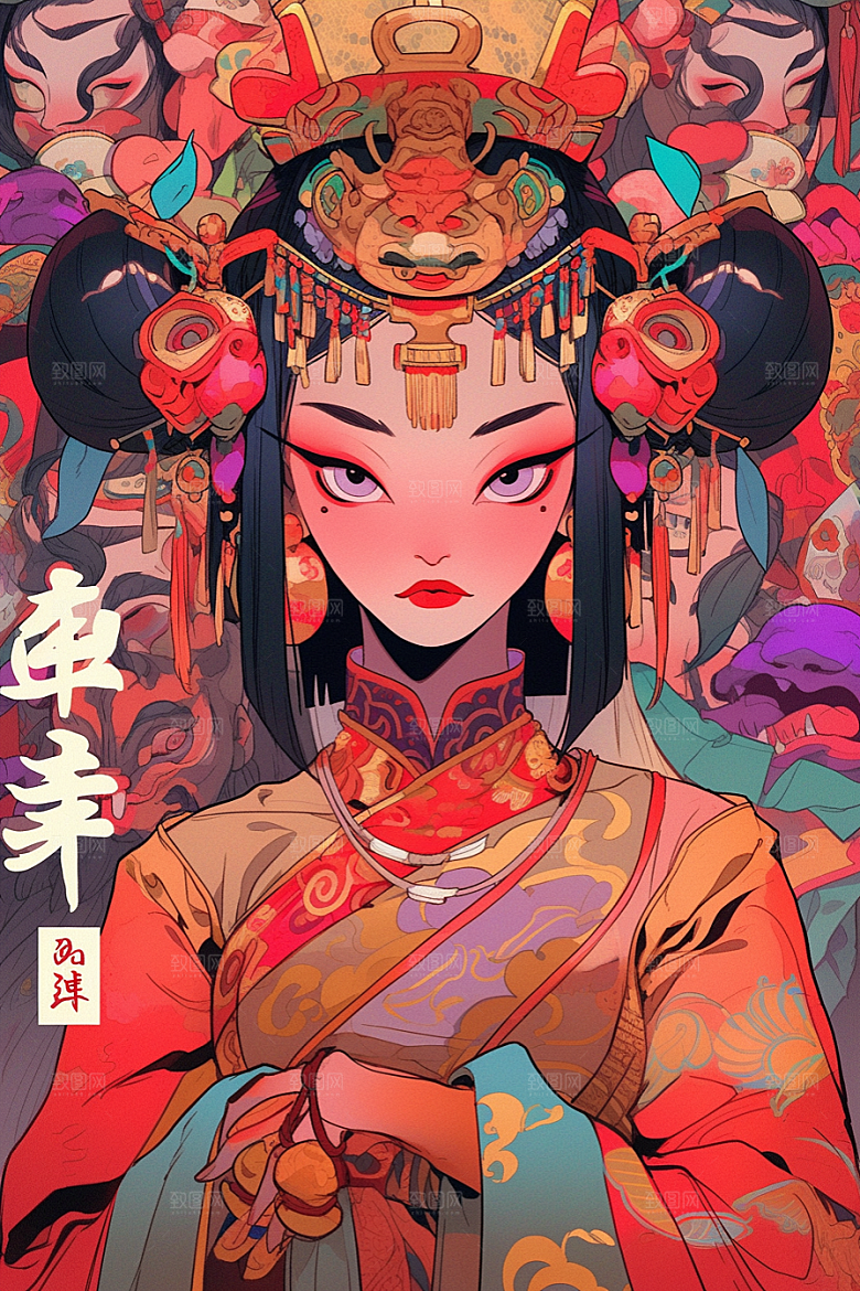 京剧女孩手绘传统风格插画