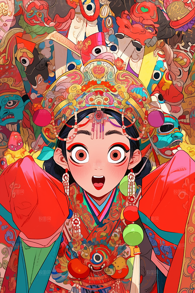 京剧女孩戏剧传统风格插画