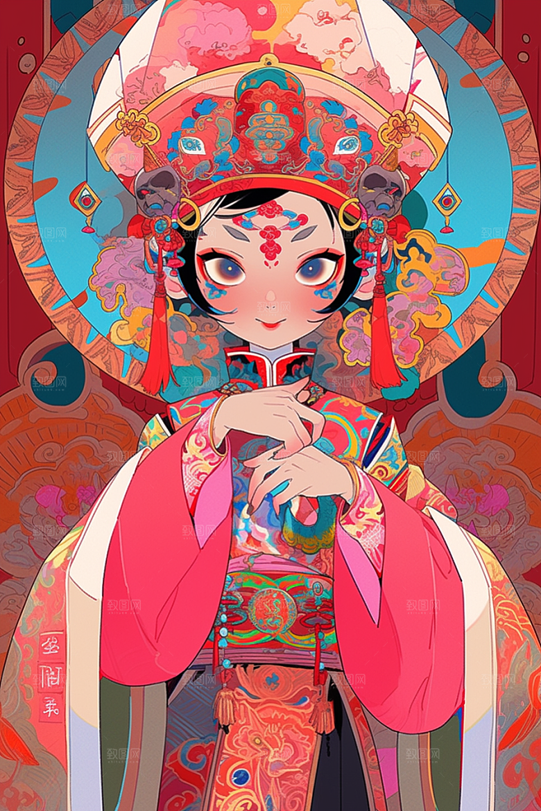 京剧女孩扮相传统风格插画