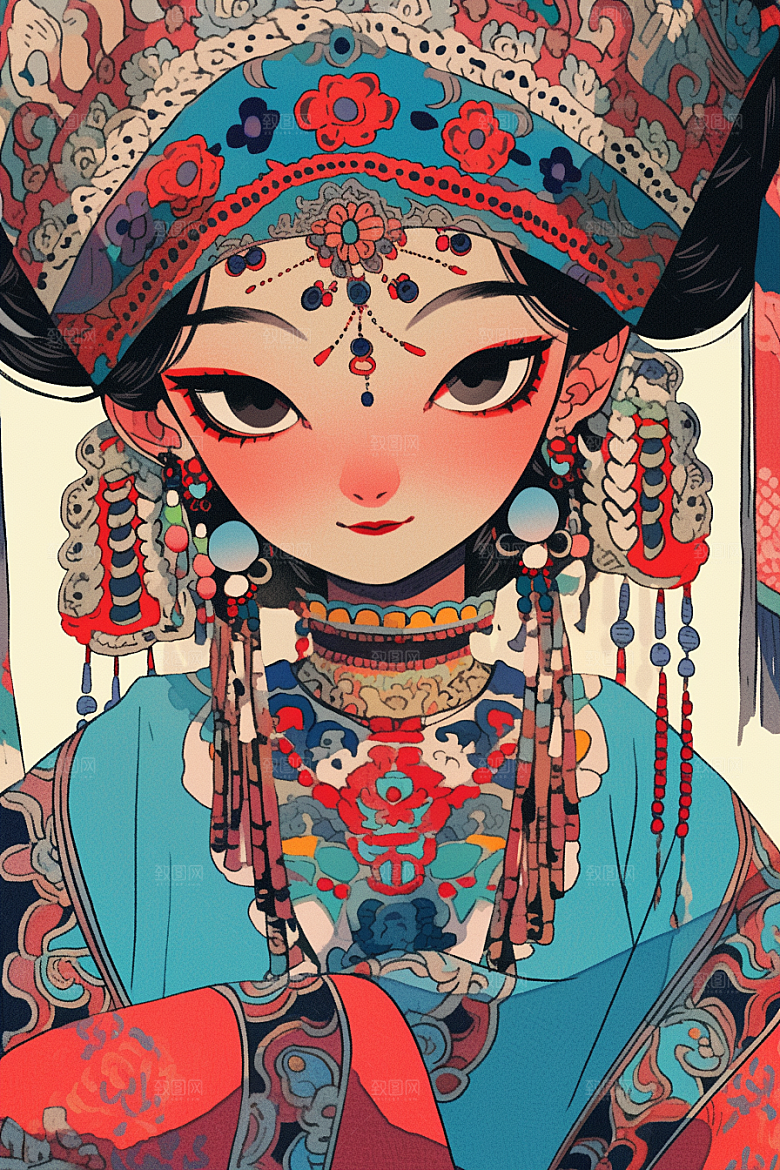 京剧女孩扮相国粹插画