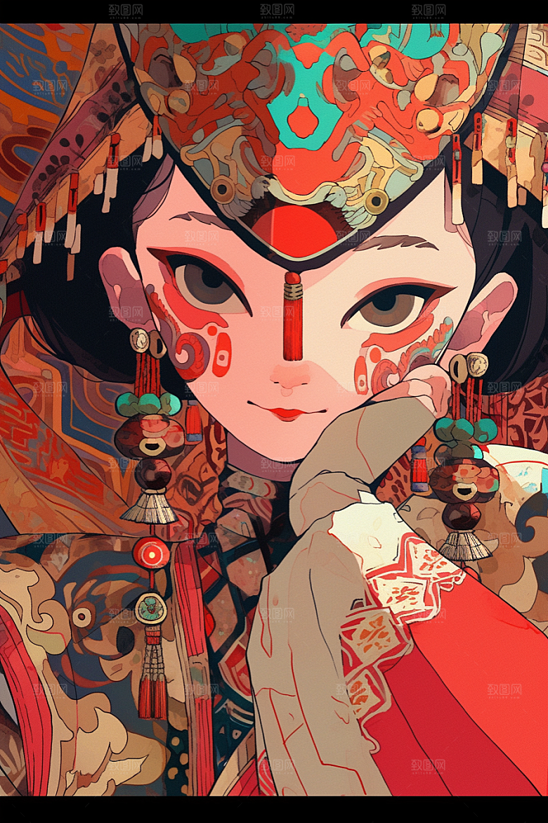 京剧女孩传统风格手绘插画
