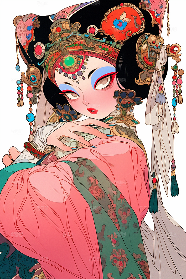 京剧女孩国潮扮相插画