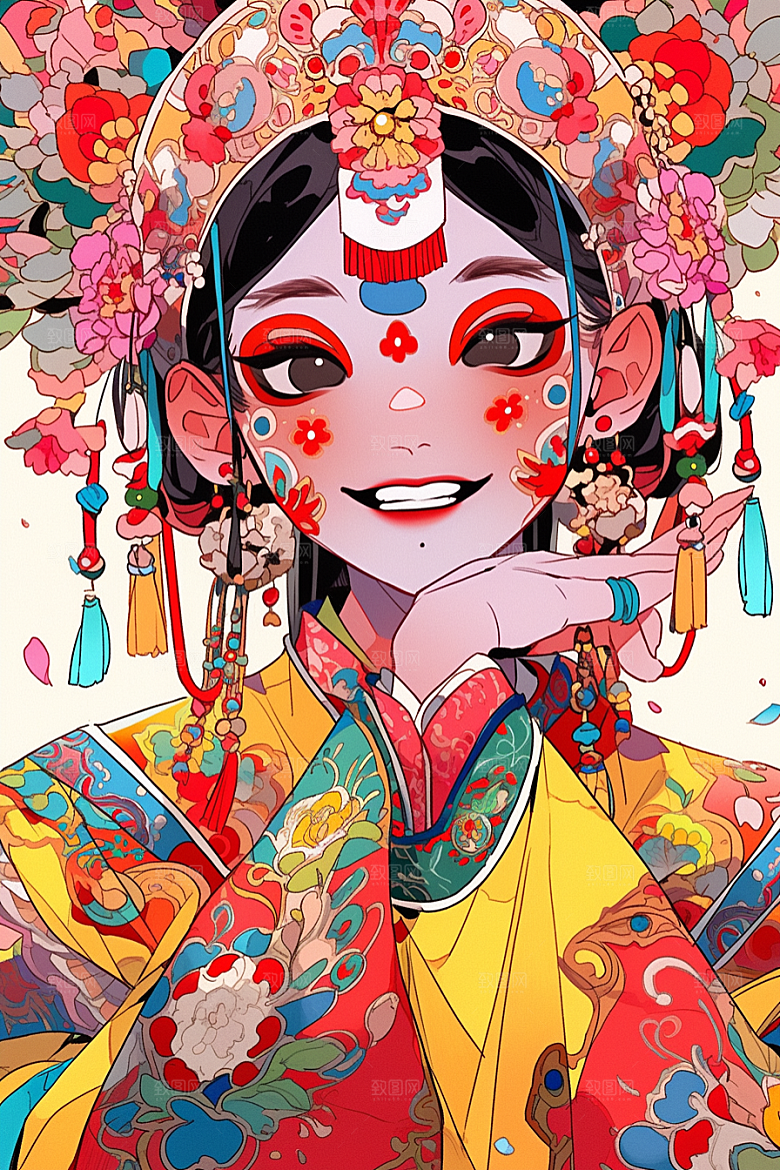 京剧女孩扮相戏剧插画