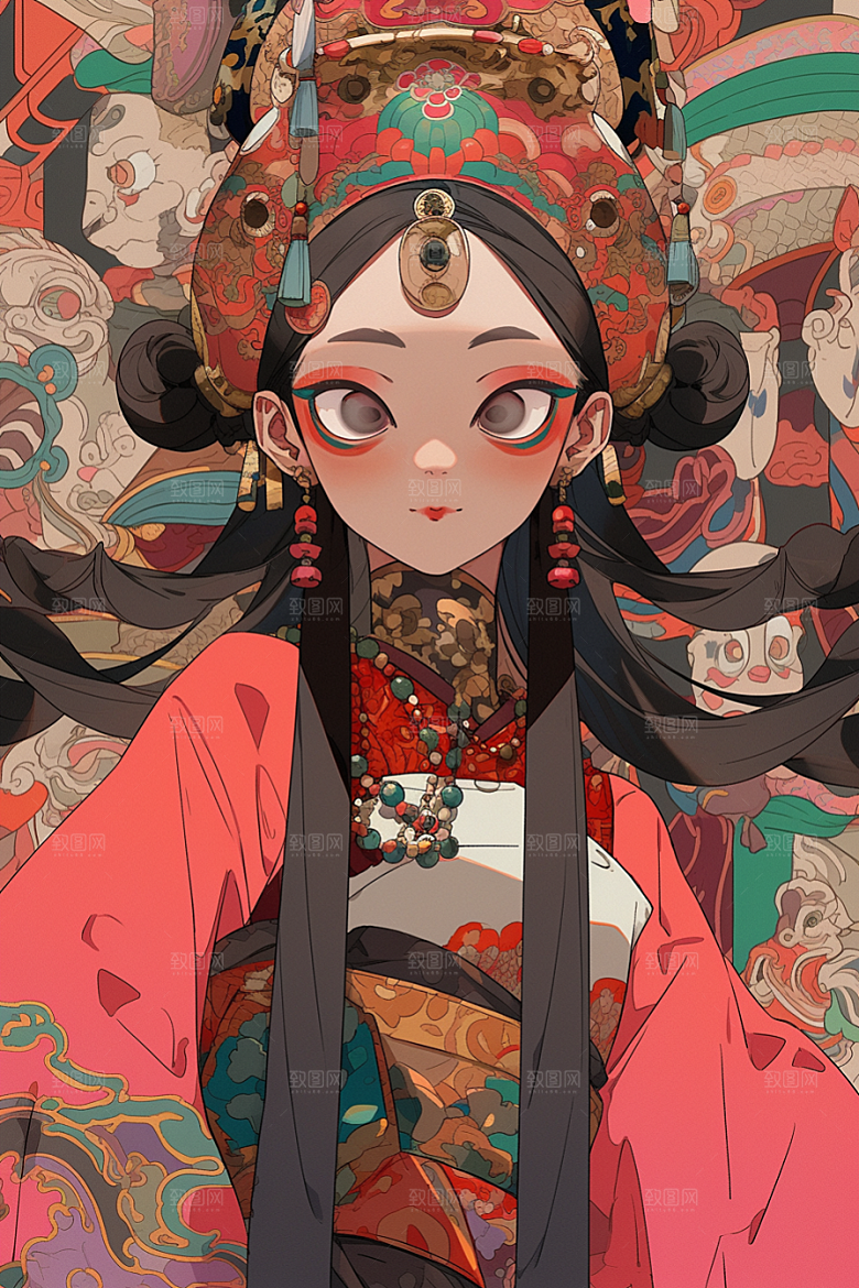 京剧女孩中国风传统风格插画