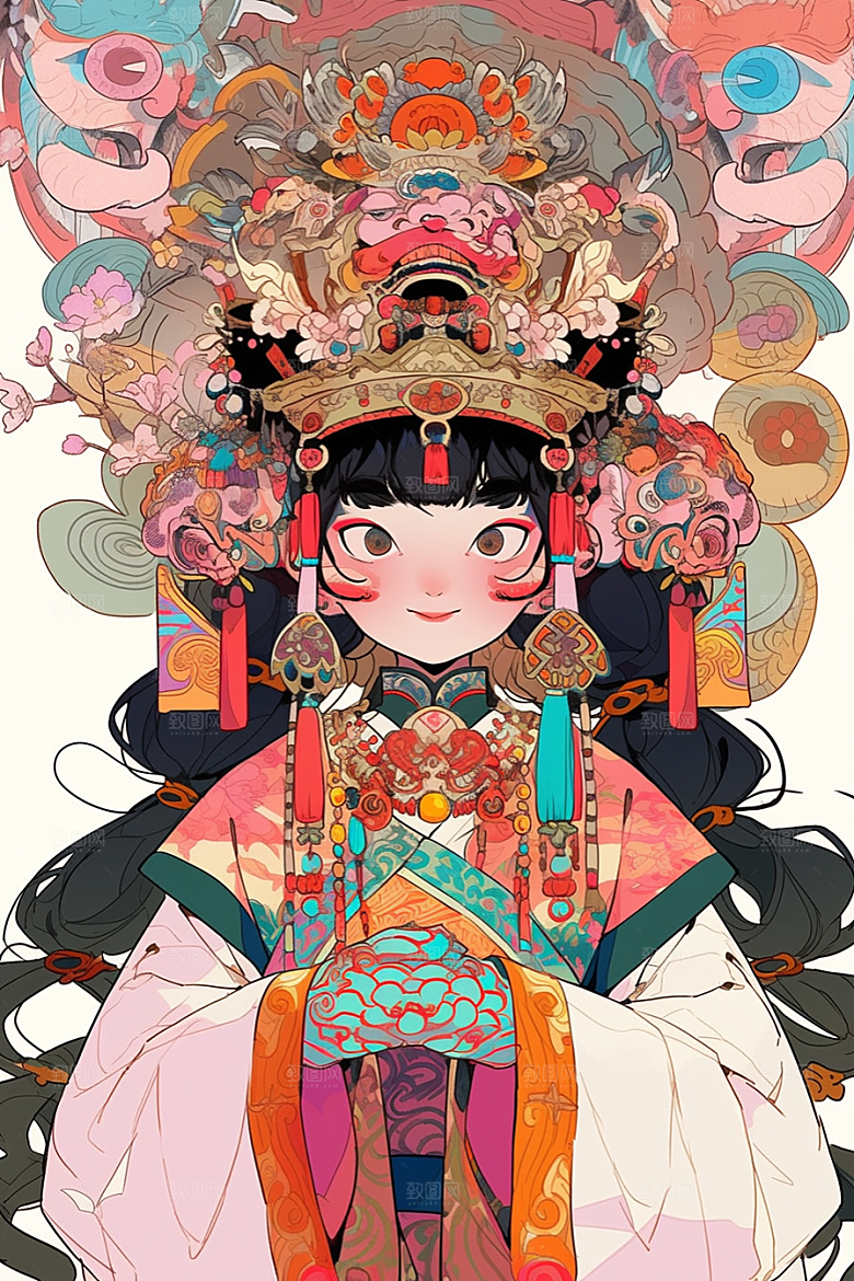 京剧女孩手绘传统风格插画