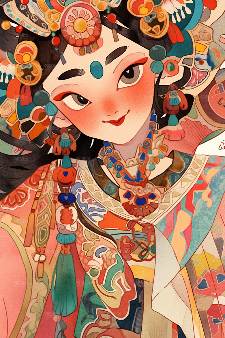 京剧女孩中国风手绘插画