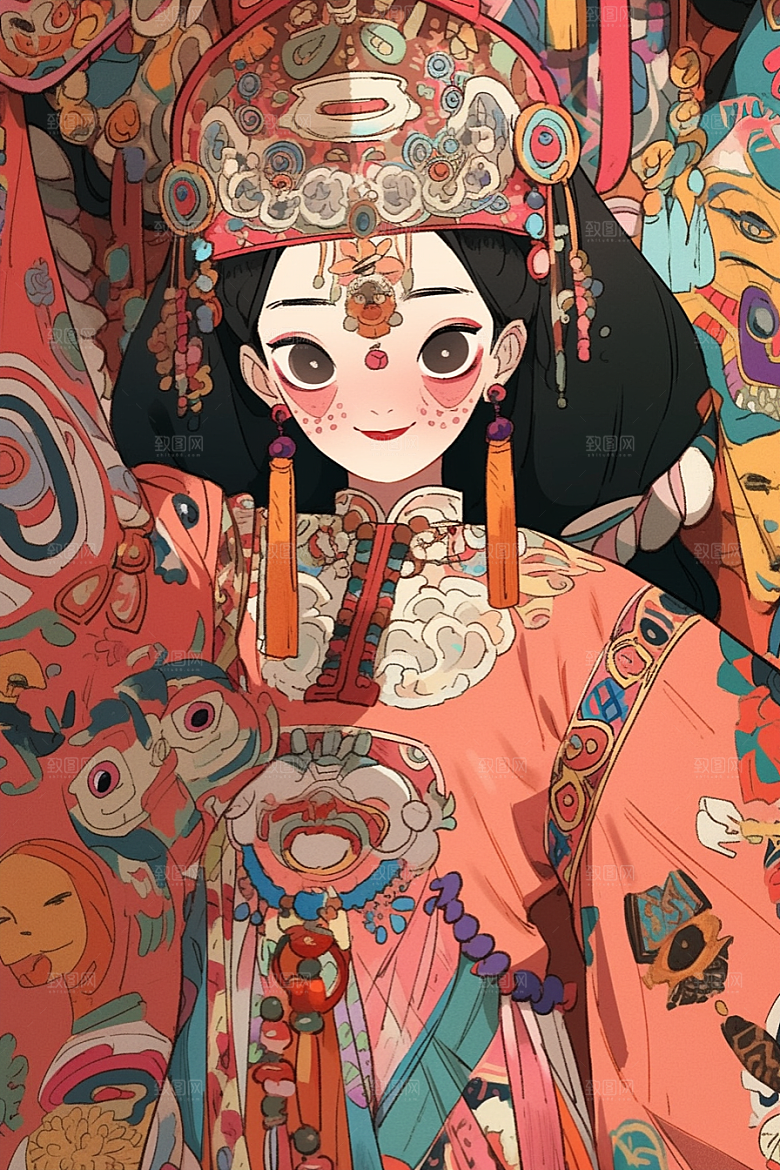 京剧女孩国潮传统风格插画