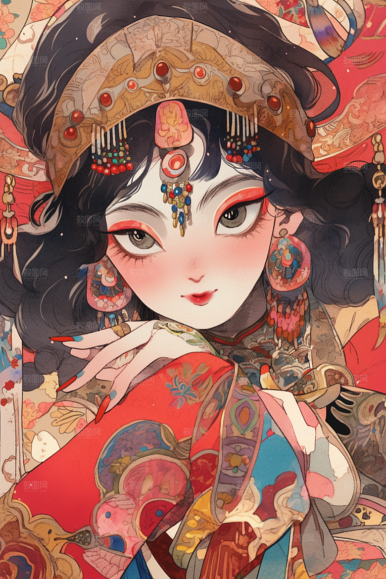 京剧女孩传统风格手绘插画