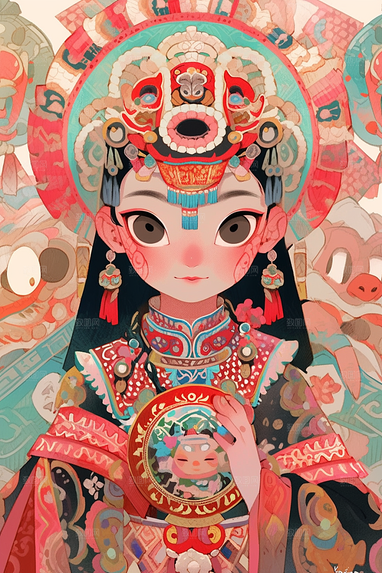 京剧女孩传统风格中式插画