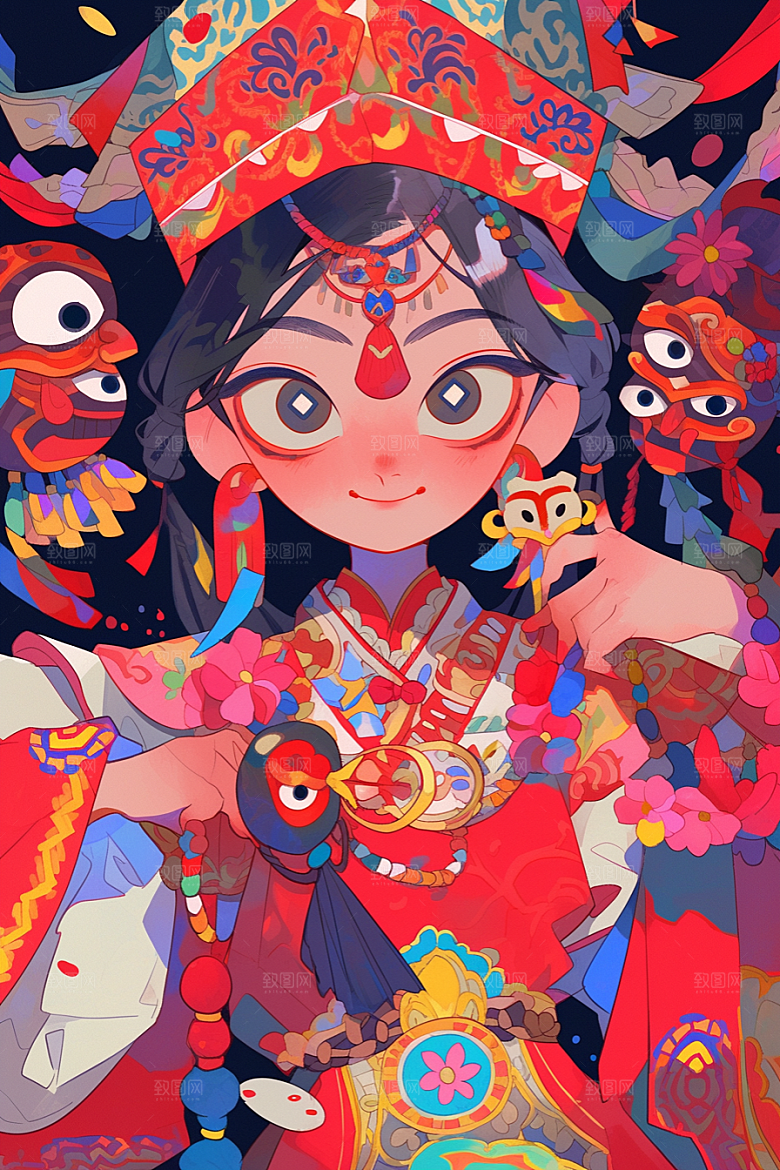 京剧女孩中式国潮插画