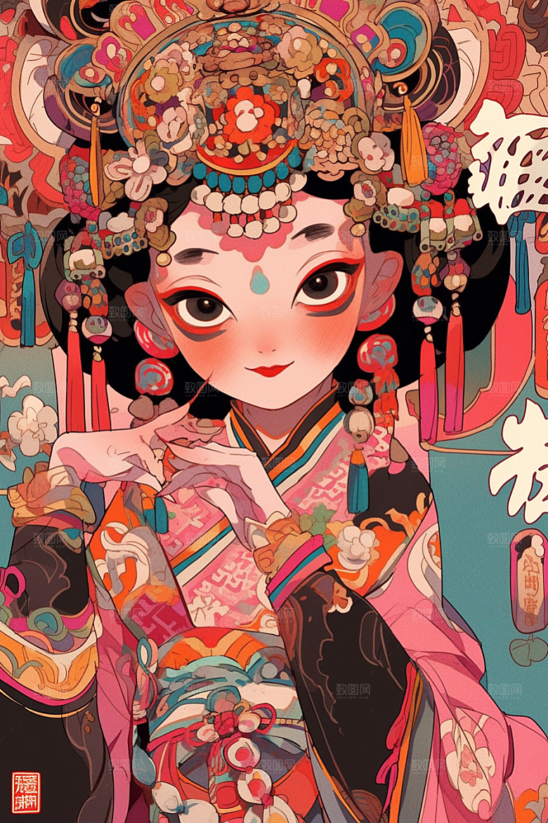 京剧女孩扮相国潮插画