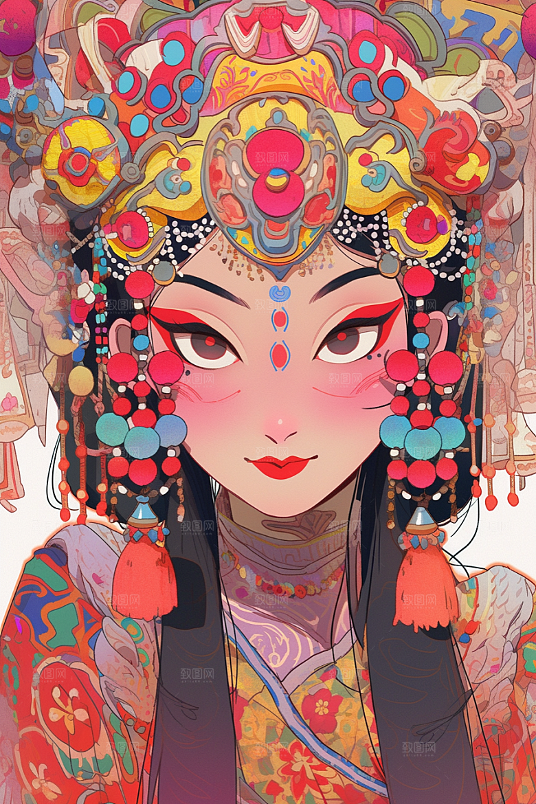 京剧女孩手绘传统风格插画