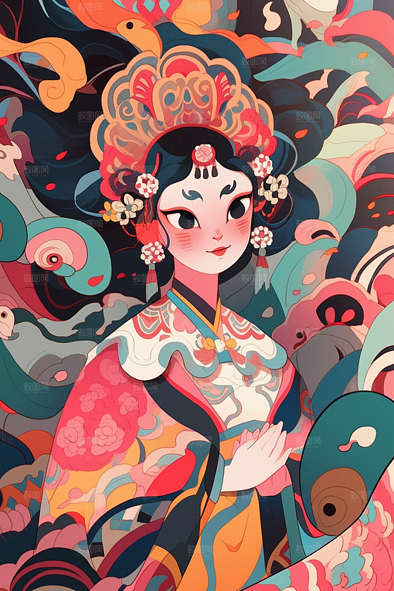 京剧女孩戏剧传统风格插画