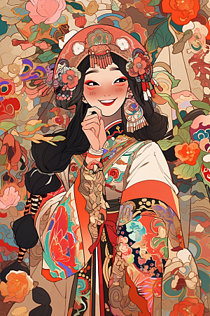 京剧女孩国粹扮相插画