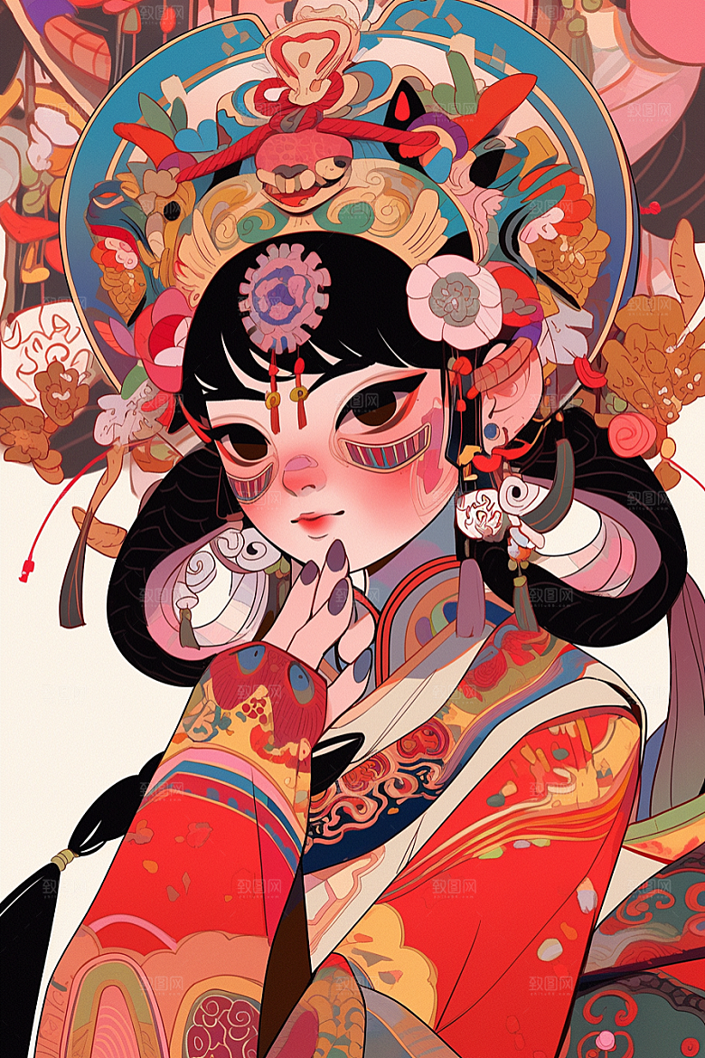 京剧女孩中国风传统风格插画
