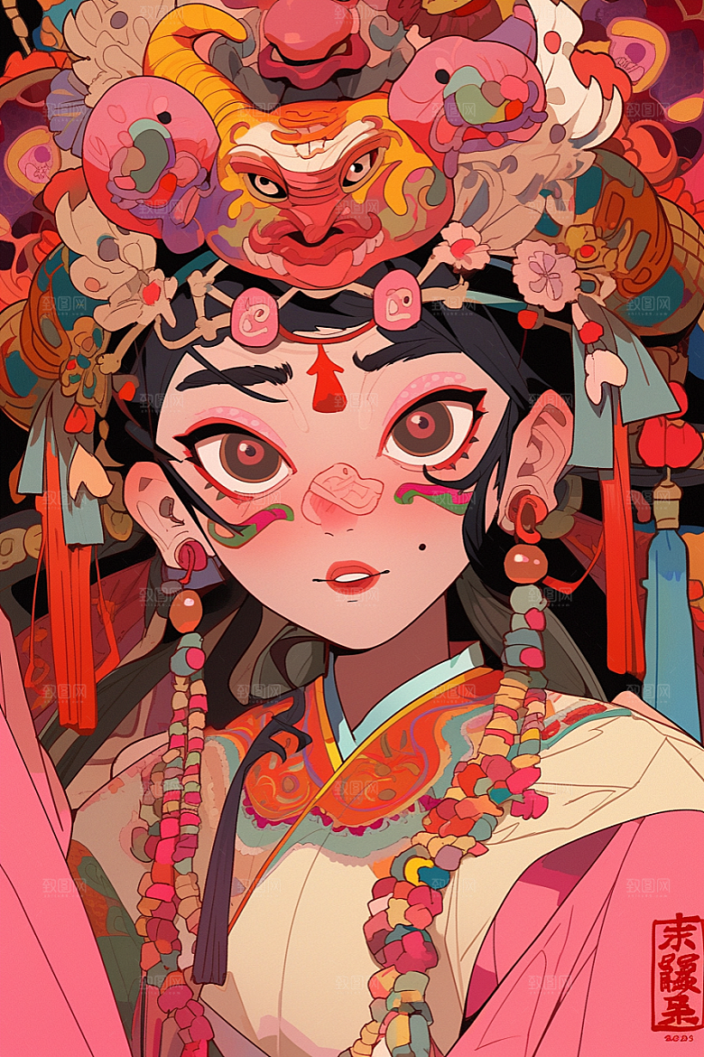 京剧女孩国潮扮相插画
