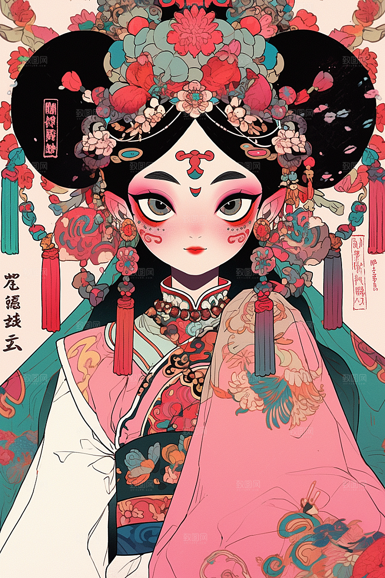 京剧女孩国潮传统风格插画