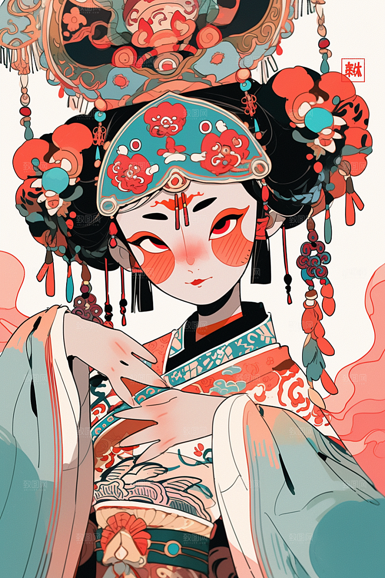 京剧女孩国粹传统风格插画