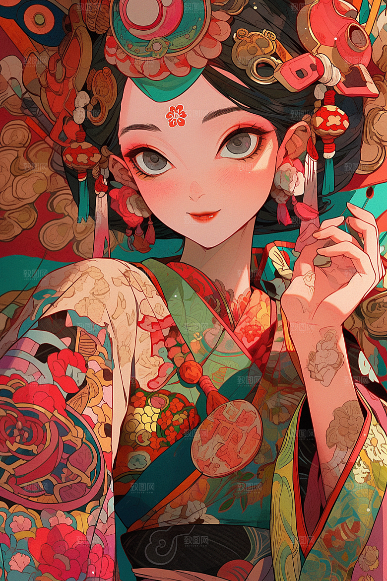 京剧女孩扮相国潮插画