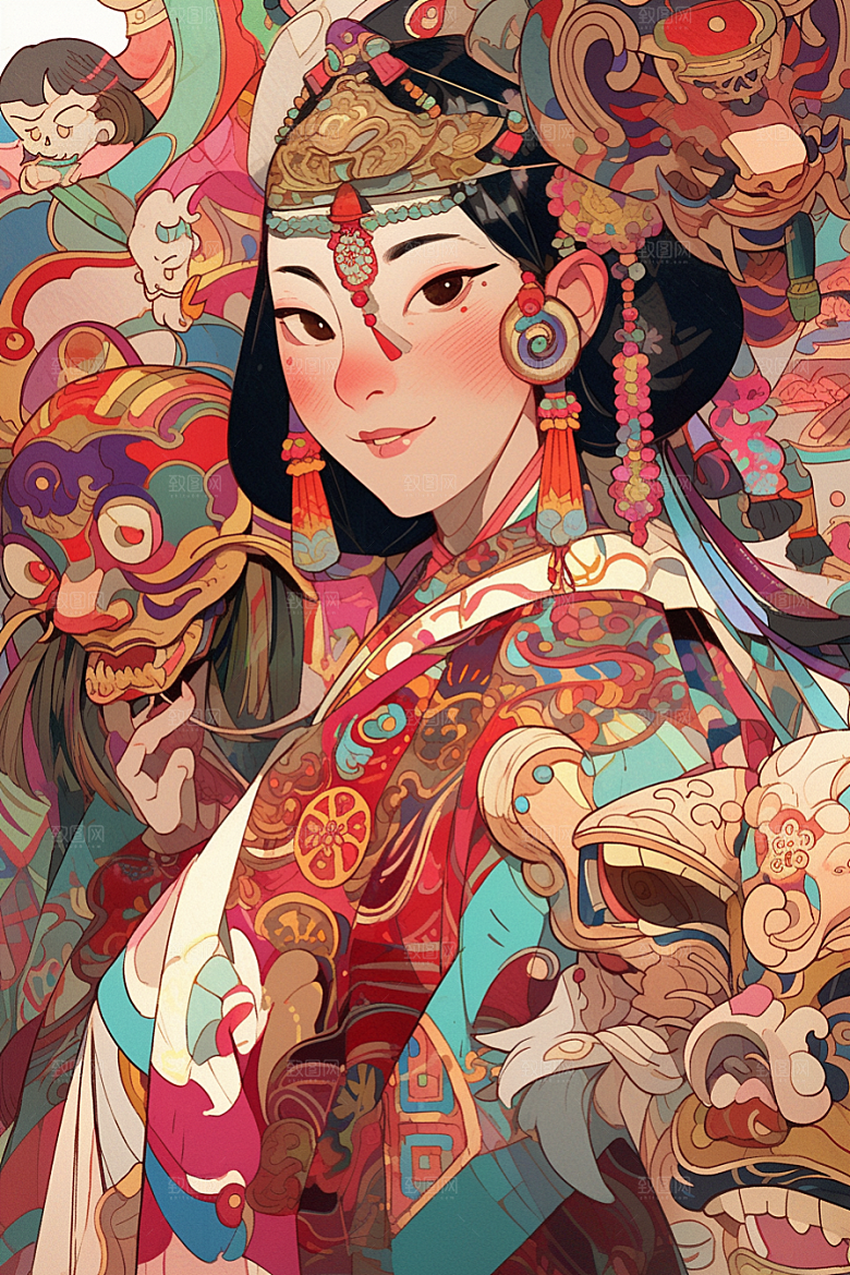 京剧女孩中国风传统风格插画